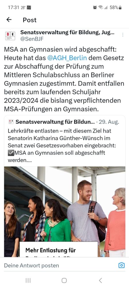 Mitteilung Senatsverwaltung für Schule..., dass die MSA-Prüfung an Berliner Gymnasien schon ab dem laufenden Schuljahr abgeschafft wird.