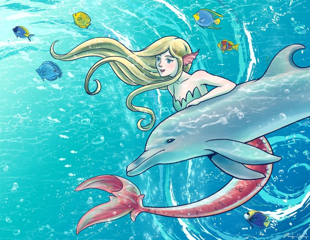 digital illustration of a mermaid and a dolphin surrounded by fish.