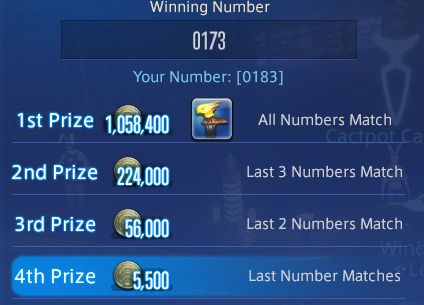 FFXIV Cactpot.  The winning number was 0173, but I picked 0183.