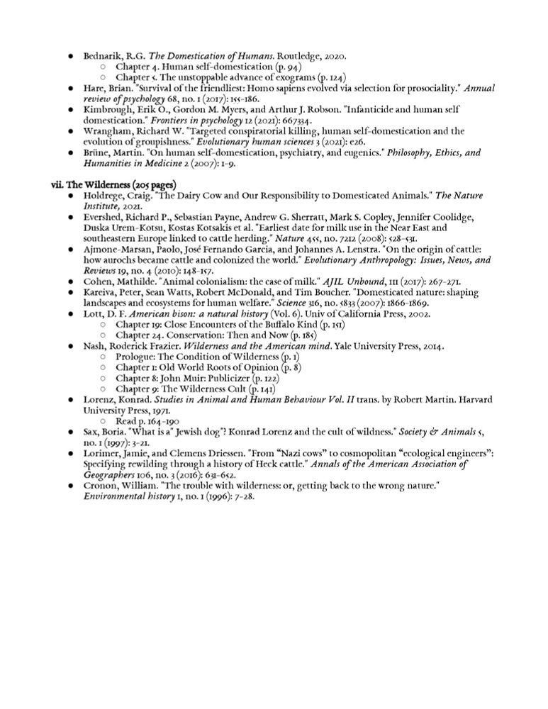 Domestication syndrome syllabus page 3: session 7 "The Wilderness"