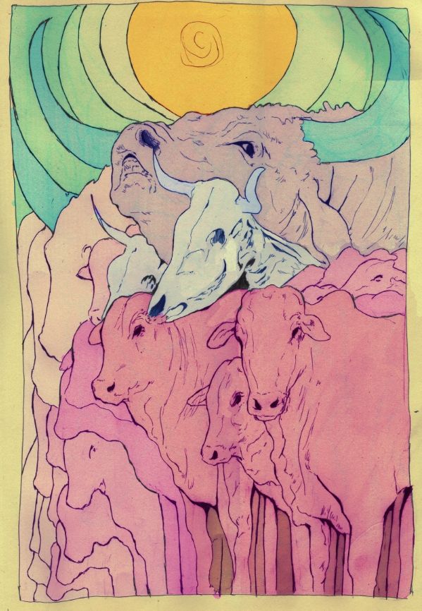 Herd of cows in front, with some skeletal cow skulls behind, and a giant aurochs in the back.