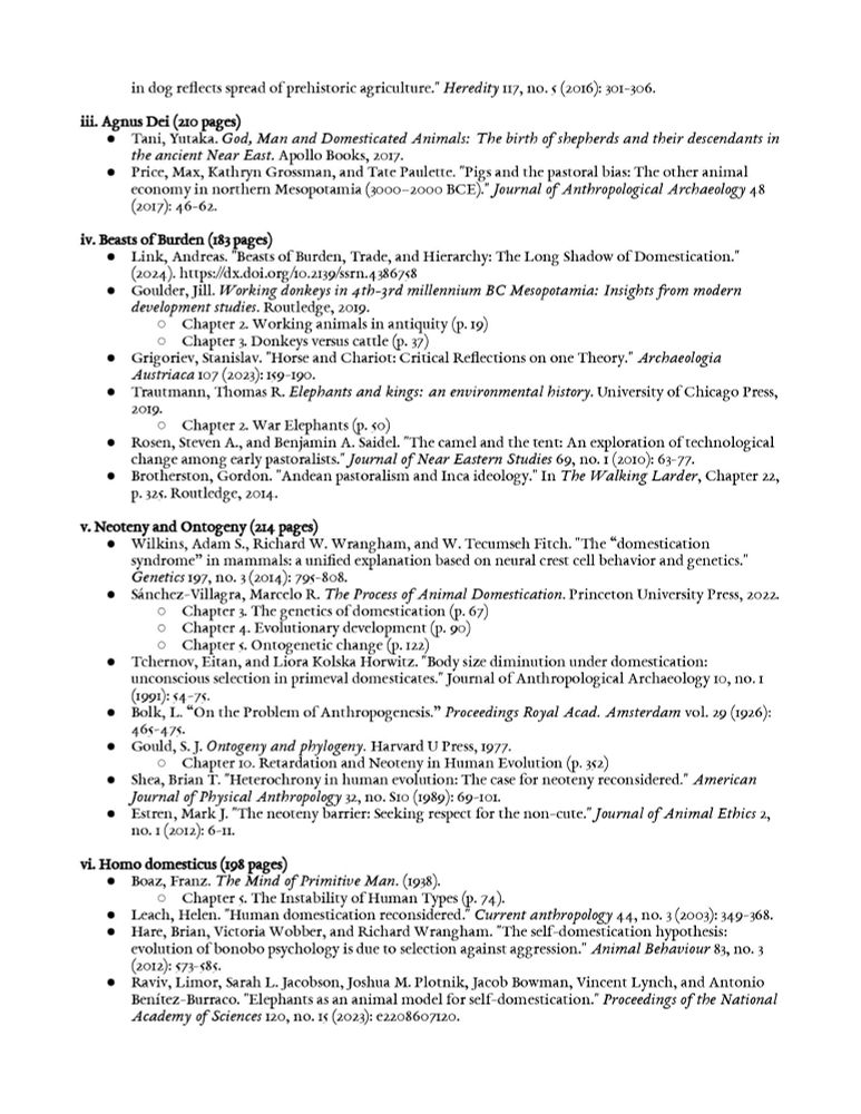 Domestication Syndrome Syllabus page 2: sessions 3 "Agnus Dei", 4 "Beasts of Burden", 5 "Neoteny and Ontogeny", and 6 "Homo domesticus"