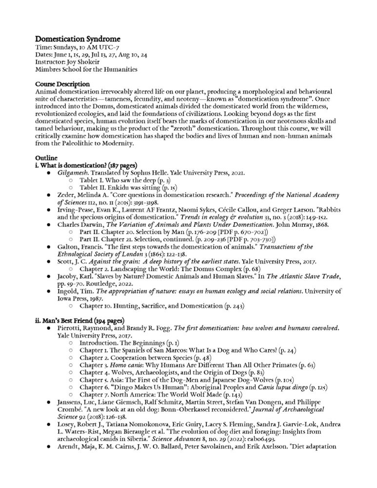 Domestication Syndrome Syllabus page 1: course description, outline for session 1 "What is domestication?" and session 2 "Man's best friend"