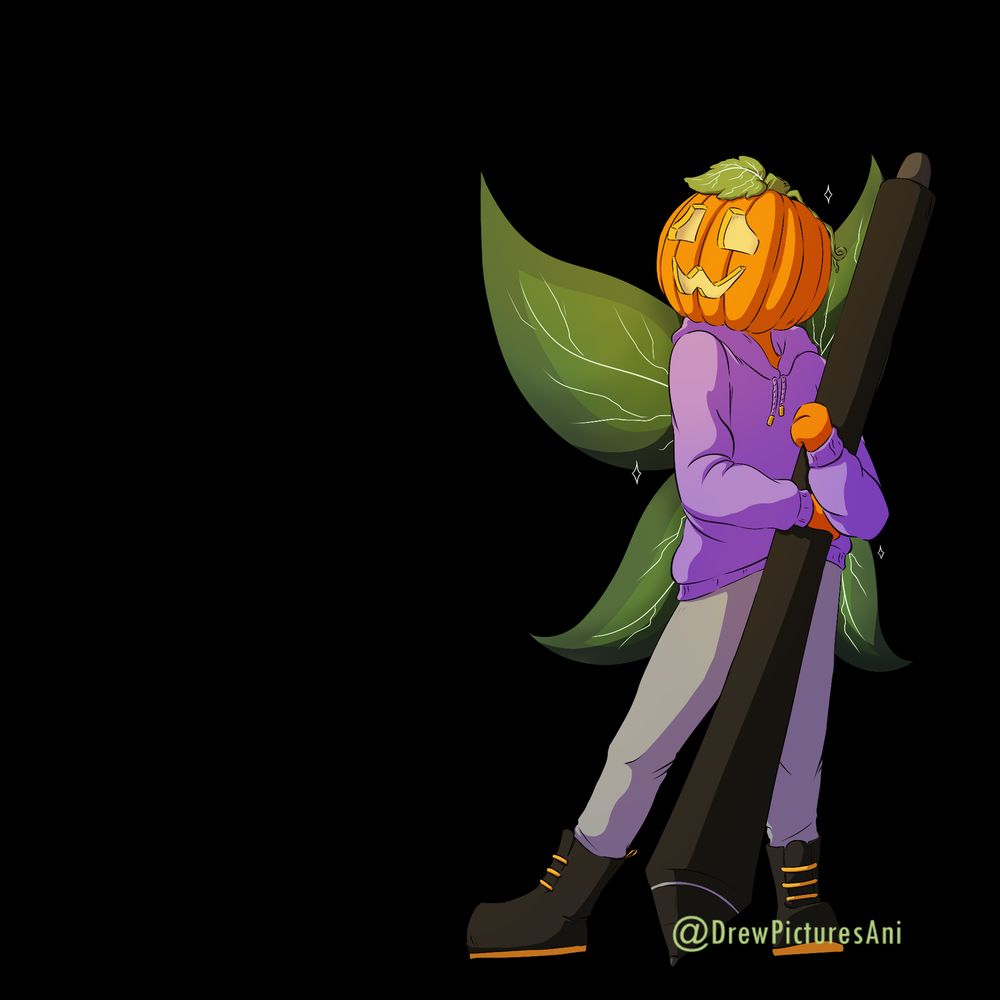 A digital illustration depicting a faerie with a pumpkin jack-o-lantern for a head holding a wacom tablet pen, its nib on the ground. They are the same height as the pen, holding it in both arms. They are wearing a pale purple hoodie and grey jeans, as well as black doc martens boots. Their wings have a leaf-like appearance.