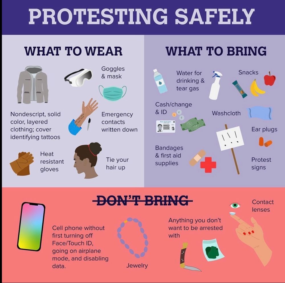 PROTESTING SAFELY

WHAT TO WEAR
Goggles & mask
WHAT TO BRING
Snacks
Water for drinking & tear gas
Cash/change
& ID
Nondescript, solid color, layered clothing; cover identifying tattoos
Heat resistant gloves
Emergency contacts
written down
Washcloth
Ear plugs
Tie your hair up
Bandages & first aid supplies
Protest signs

DON'T BRING

Anything you don't want to be arrested with
Contact lenses
Cell phone without first turning off
Face/Touch ID, going on airplane mode, and disabling data.
Jewelry