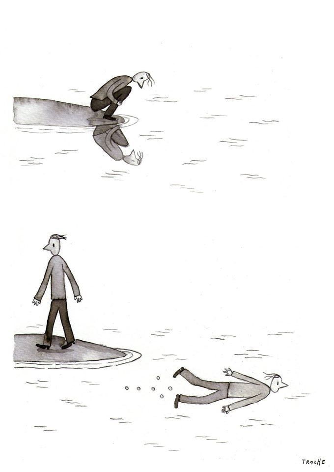 Un homme voit son reflet dans l'eau. Quand il se retourne, le reflet part et se détache de son double.