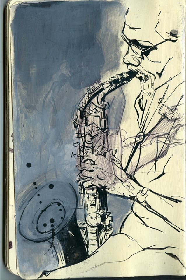 Dessin d'un homme qui joue du saxophone.