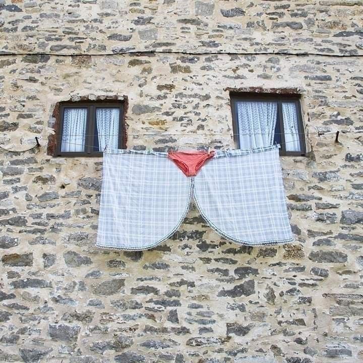 Un mur, deux fenêtres avec rideaux pour les yeux, un slip pour le nez, deux serviettes et hop! Une tête de chat