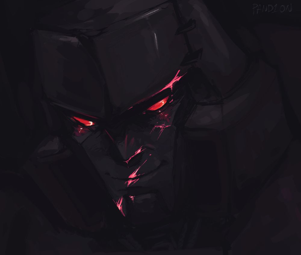 A digital painting of a headshot of Megatron from transformers. His head is tilted down and he is smiling menacingly. Everything is dark and monotone with shades of red and pink. The only points of colour are bright red eyes and pink energon/blood smeared on his face.