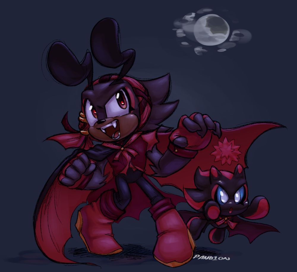 Matilda the ant, a sonic oc, dressed as a vampire, posing in with her claws showing and her bat wing shaped cape splayed out behind her. Shadow's chao is by her foot, flying forward with her paws out in front of her. The SA2 broken moon is above them.