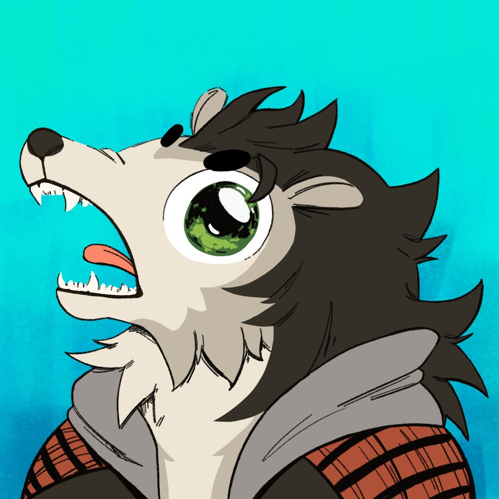 Digital drawing of an anthropomorphized opossum character, with shaggy brown hair and a grey sweater with red plaid on the shoulders. Head tilted up with a cartoony open screaming mouth.