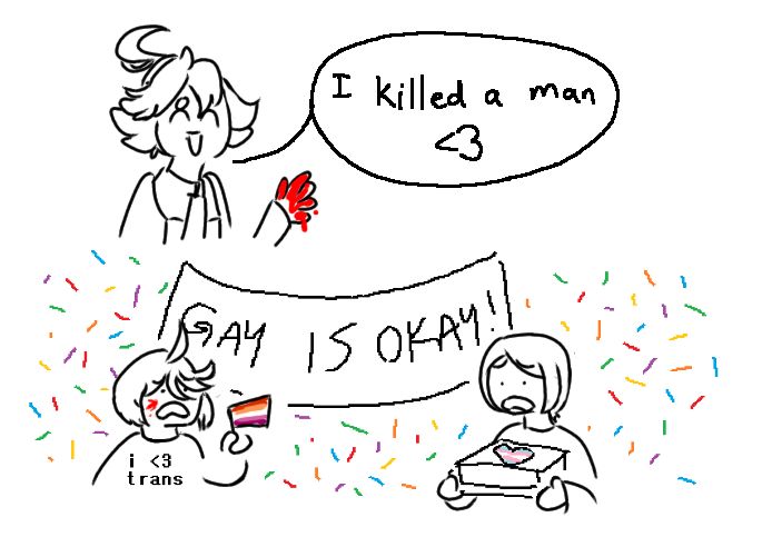 suletta, with a smile on her face and blood on her hand, saying "I killed a man <3"

second panel shows mio and nika, both looking horrified. mio has a splat of blood on her face, is wearing a shirt that says "i <3 trans" on it, and is holding a lesbian flag. nika is holding a cake with a trans heart on it. A banner in the background reads "gay is okay!" and there is confetti present.