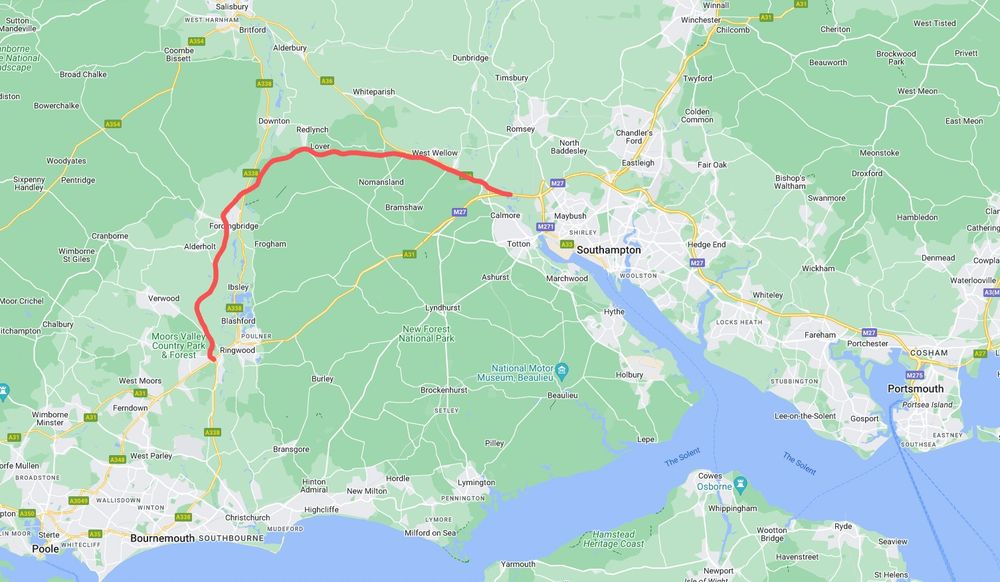 Map of Dorset and Hampshire showing a new western extension of the M27 motorway and new rail corridor.