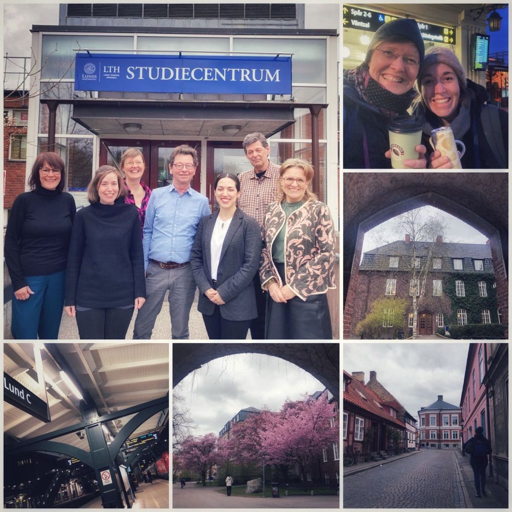 Collage of several fotos displaying pictures from Lund in Sweden. One picture shows seven people (our research group), another the cherry blossum on campus, and yet another the train station by night.