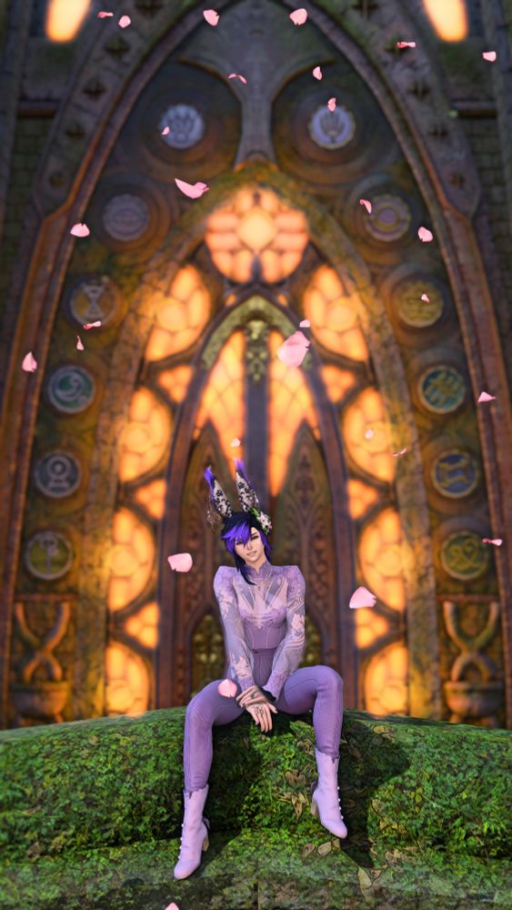 A purple-haired viera OC named Nova wearing a lavendar-themed wedding outfit, sitting on the arch in front of the Sanctum of the Twelve cathedral while flower petals fall around him.