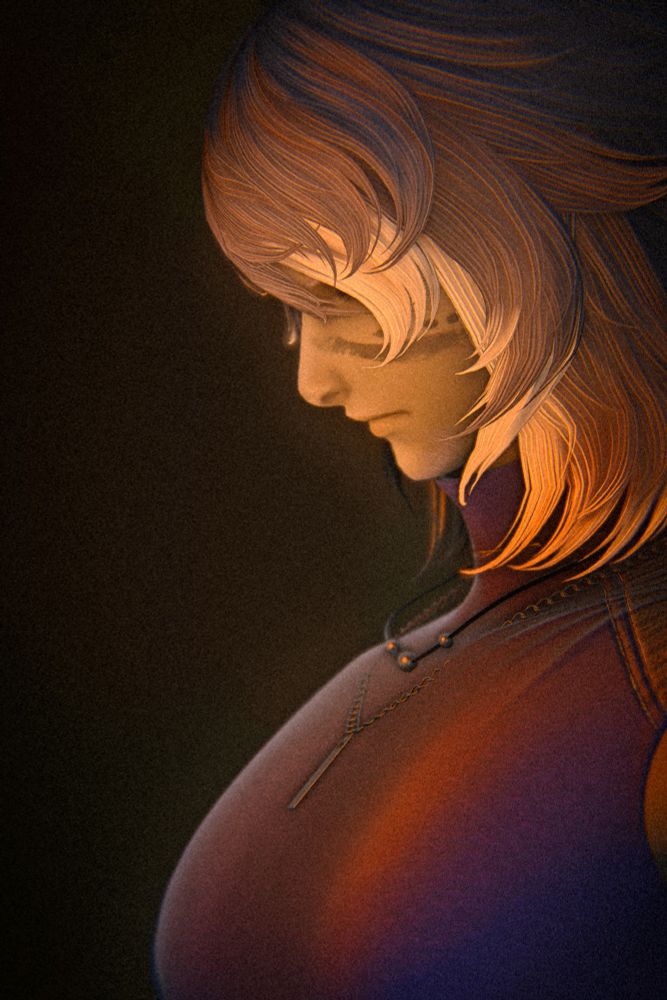 An edited gpose of Kel standing on a black background with an orange and red glow on his person and an orange haze in the background. He's wearing a blue shirt with two necklaces and he's wearing his hair down somewhat hiding his forlorn, pained face. The image is grainy and dark, showcasing the fragile grip he has on his emotions in the moment.