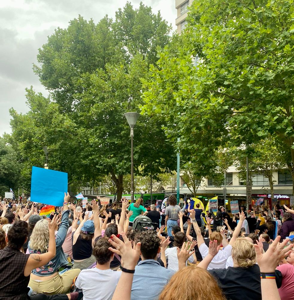 A photo of a group of people at the protect trans young people rally in Naarm/Melbourne with their hands in the air. The photo is taken from the back so no faces are shown 