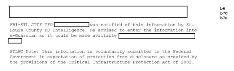 Entries apparently made in the eGuardian system and released by the FBI, indicating threats surrounding the former Castlewood Treatment Center.