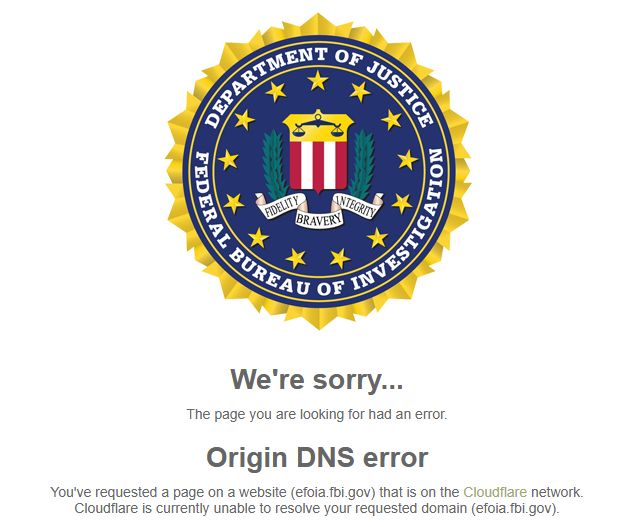 Error message displayed at the FBI FOIA portal page.