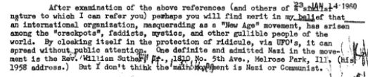Dr. Leon Davidson explains in a 1960 letter to FBI Dir. J. Edgar Hoover how he believes an international organization masqueraded as a New Age movement and cloaked itself among UFOs in order to spread among the gullible.