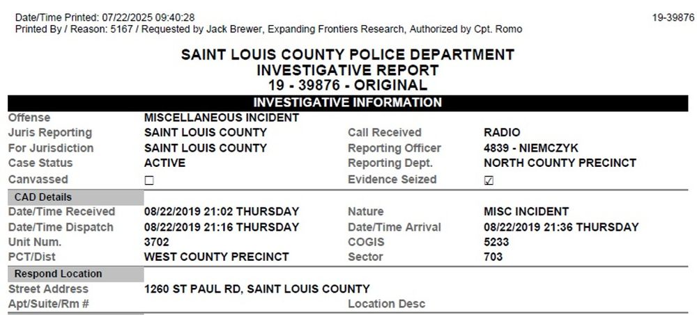 Opening of a St. Louis County Police Department investigative report, obtained by Expanding Frontiers Research and described in the blogpost. 