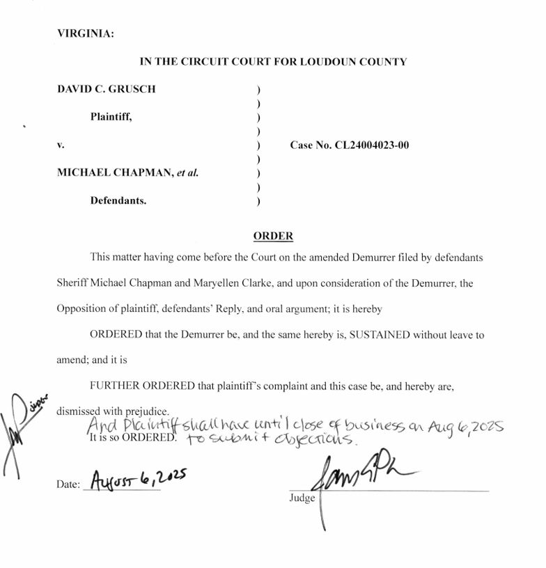 Aug. 6, 2025, Loudon County court order stating, in part, the plaintiff's complaint and case are dismissed with prejudice in David C. Grusch, Plaintiff, v. Michael Chapman, et al., Defendants. 