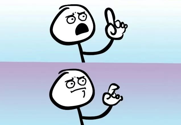 A cartoon in 2 panels. In the top panel, a stick figure stands open mouthed, one finger raised, ready to object. In the lower panel, the mouth has closed into a flat, compressed line and the finger has lowered halfway. There is nothing else to say