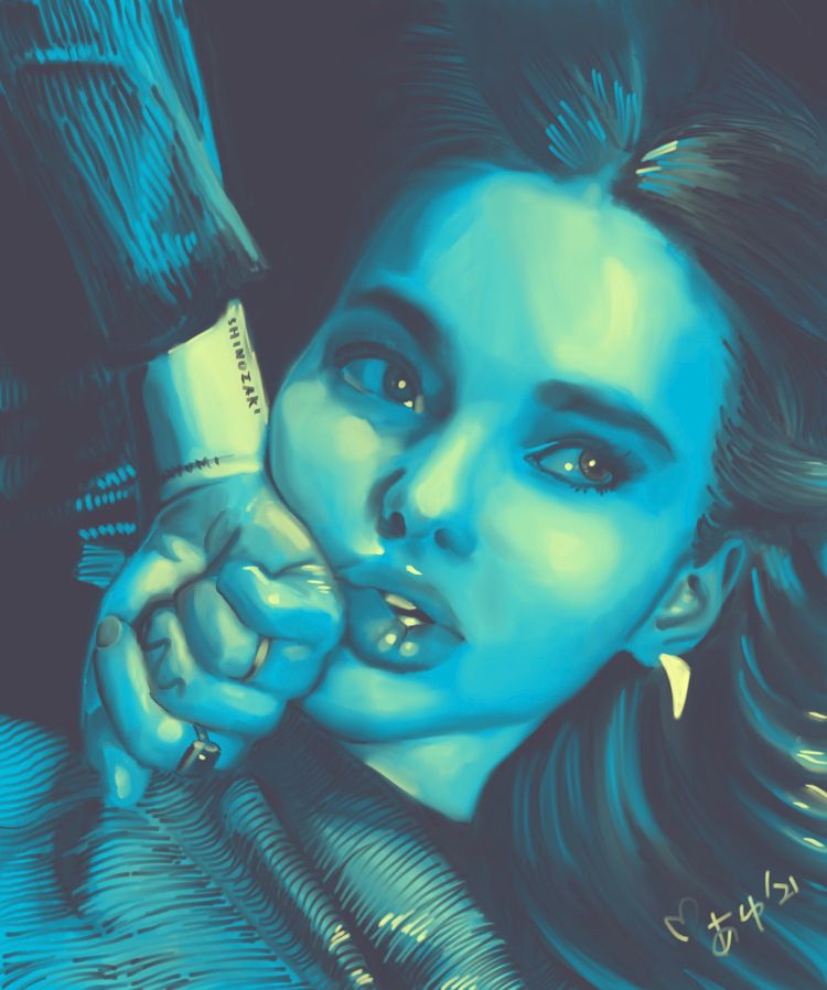 Realistic digital portrait of Dove Cameron with her hand to her face, in blues and yellows. 