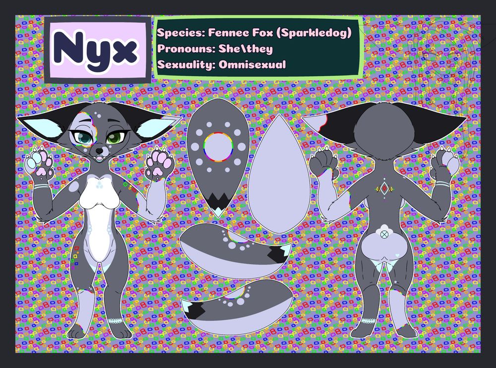 A warm grey anthro fennec fox with rainbow patterns, and some lilac portions and a white tummy.