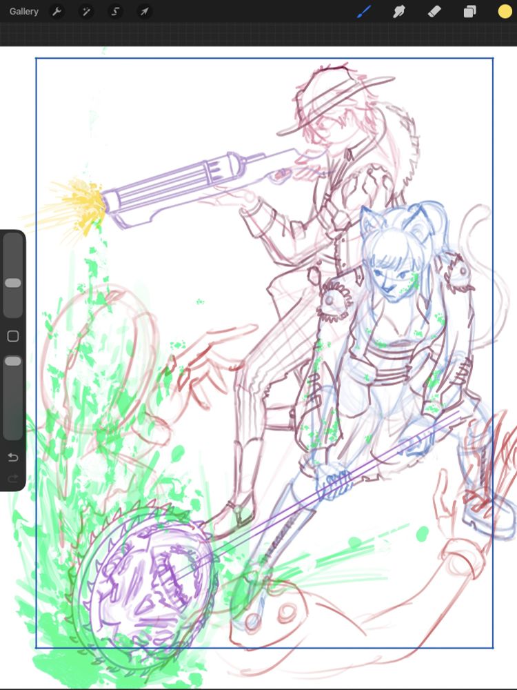 An early sketch of a full page illustration from Absentia's yet to be announced TTRPG project.

A woman with cat ears and a tail in stylized attire swings down a two-handed buzzsaw weapon into a humanoid monster reaching out for her, cutting deep into its torso. Blood splatters profusely from the wound.

Behind her a human man in a fur-lined coat and brimmed cap points a multi-barreled firearm into the distance, firing at something out of frame.