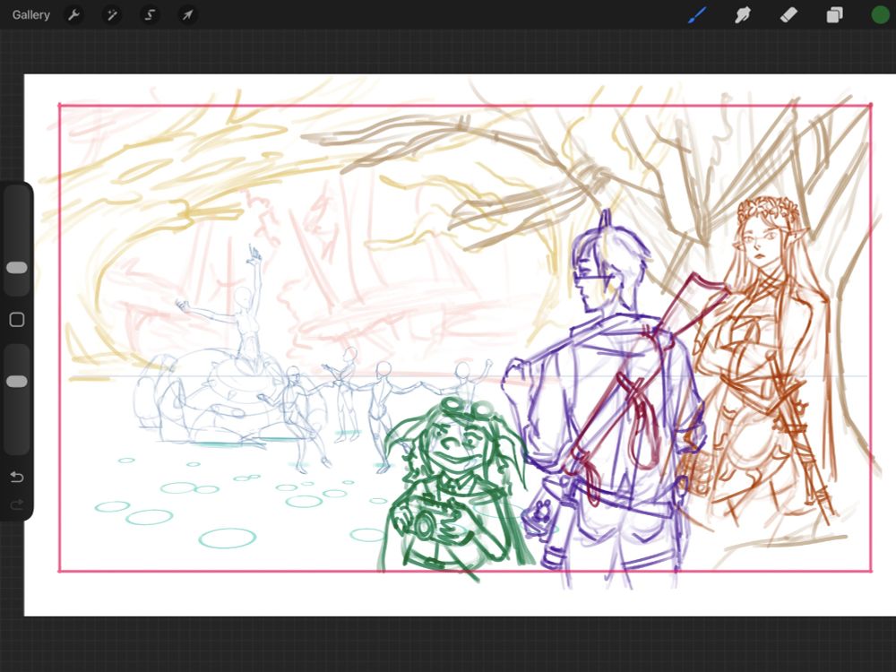 An early sketch of a scene from Absentia's yet to be announced TTRPG. A wide landscape illustration depicting a lake surrounded by enormous oak trees.

In the foreground, there is a woman with pointed ears, a flower crown, and elaborate magician's attire leaning against a tree, looking impatient. She has a sword sheathed at her side.

Immediately next to her is a man with frontier-like attire and a rifle wrapped in leather slung at his back. He wears glasses and has a small pair of horns on his head. He's staring out at the lake.

Next to both of them is a short goblin woman with goggles on her head, looking quizzically down at a camera in her hands, facing the viewer.

In the background is a gathering of figures dancing festively in the shallow water before a large creature that has the upper body of a woman and an enormous lower body of a spider, resting in the water and posing with its arms pointed upwards.