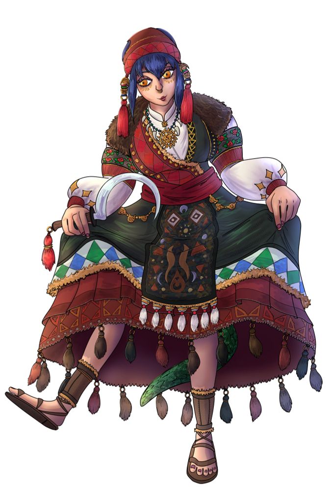 Art of a female witch holding a hand sickle and doing a curtsy. She wears a traditional slavic-style dress with many layers of red, white and green and ancient-style leather sandals. Under her skirt, she teases that she has a reptilian tail. Some of the larger brassy beads on her outfit are decorated with the faces of goblins, demons, and wild creatures making silly expressions.