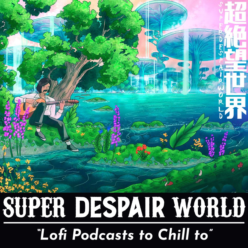 A cover illustration for the podcast Super Despair World, with the caption "Lo-fi Podcasts to Chill to". The illustration shows a mustached man strumming a guitar while sitting on the banks of a lake. He wears a white buttoned shirt and black slacks. His surroundings are vibrantly green and full of colorful flowers. In the distance there are towering fantastical mushrooms with waterfalls pouring from their caps, feeding the lake.