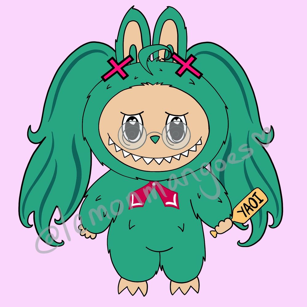artwork of a Labubu that looks like fujoshi Miku from ‘confessions of a rotten girl’. She is even holding a yaoi paddle 