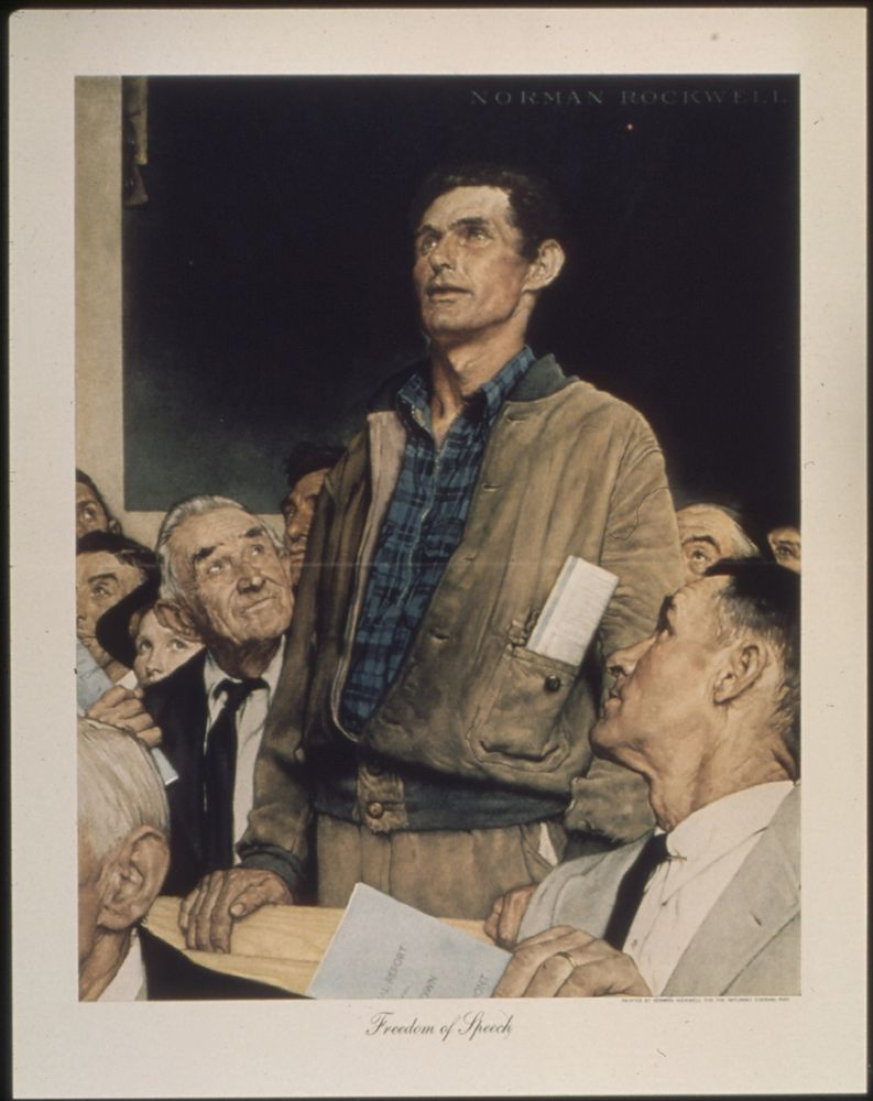 The Norman Rockwell "Freedom of Speech" painting with a man in worn work clothes standing up and speaking, surrounded by more well dressed people sitting down and watching him.