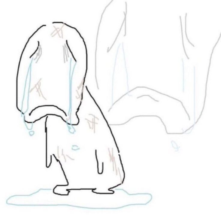 [example of how to get across emotion of a piece???? i find this easier with ur own art bc u can focus on the details u find important]

digital drawing of a crudely drawn creature sitting in a puddle of its own tears and covered in scuff marks with a forlorn expression. in the background is a fainter, larger projection of its face. 

[the last sentence cld be maybe removed if its not deemed important enough to thw emotion of the piece or context or whatever lol]