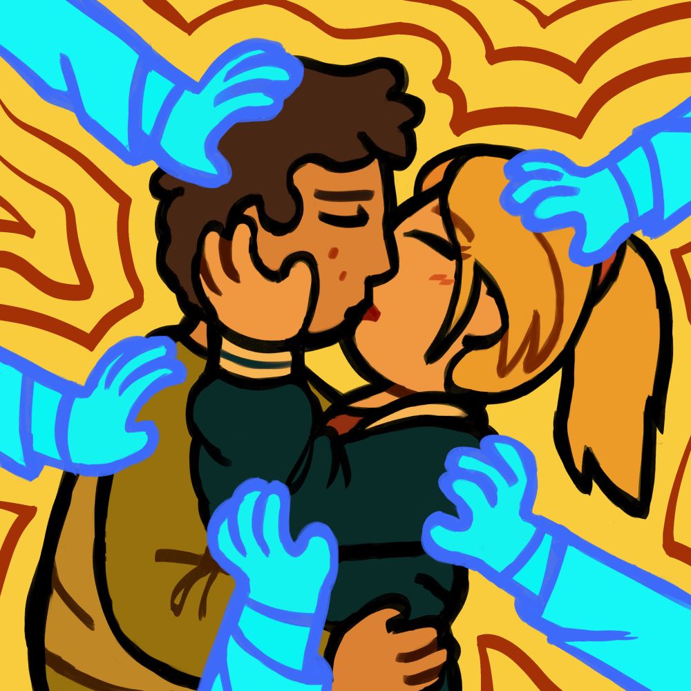 digital drawing of a young jerry and beth from rick and morty kissing. there are many disembodied hands belonging to ricks from different dimensions pushing them together.