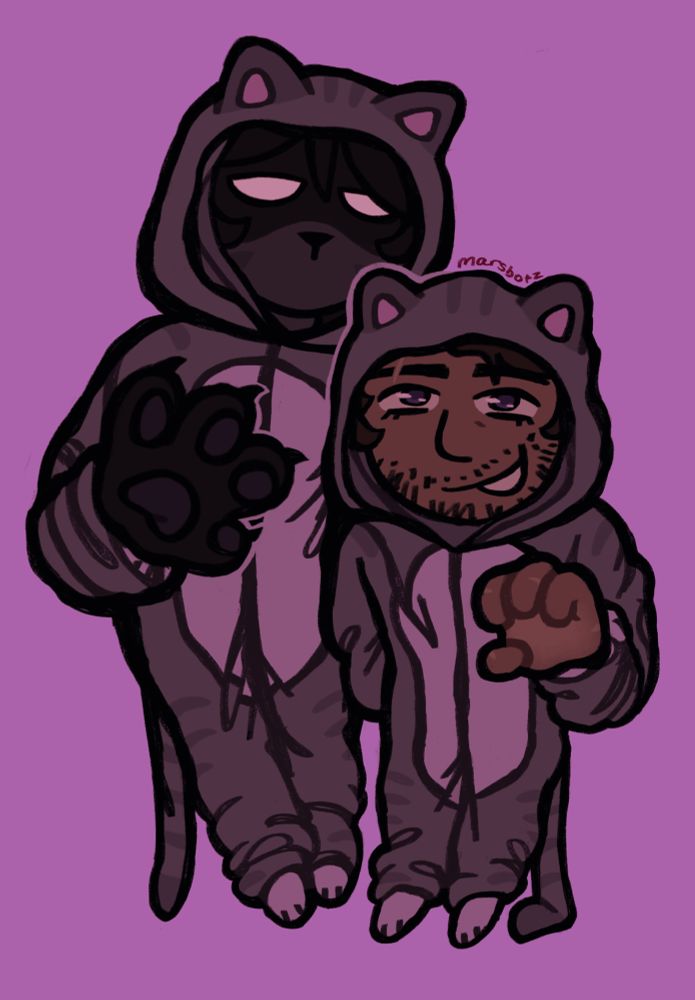 digital drawing of steve and herobrine from minecraft posing towards the camera and wearing matching cat onesies. 