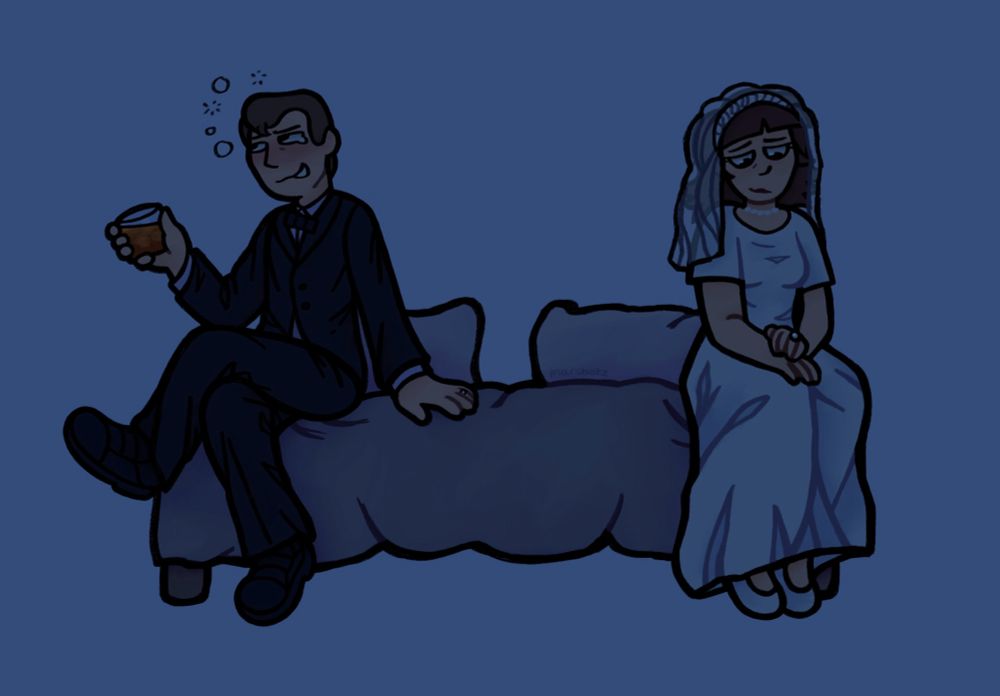 digital drawing of clay and bloberta puppington sitting apart from each other on opposite sides of a bed. they are dressed in the wedding attire. clay looks away with a smile hiding his teary eyes, drink in his hand. bloberta looks down at her wedding ring with a sad smile.