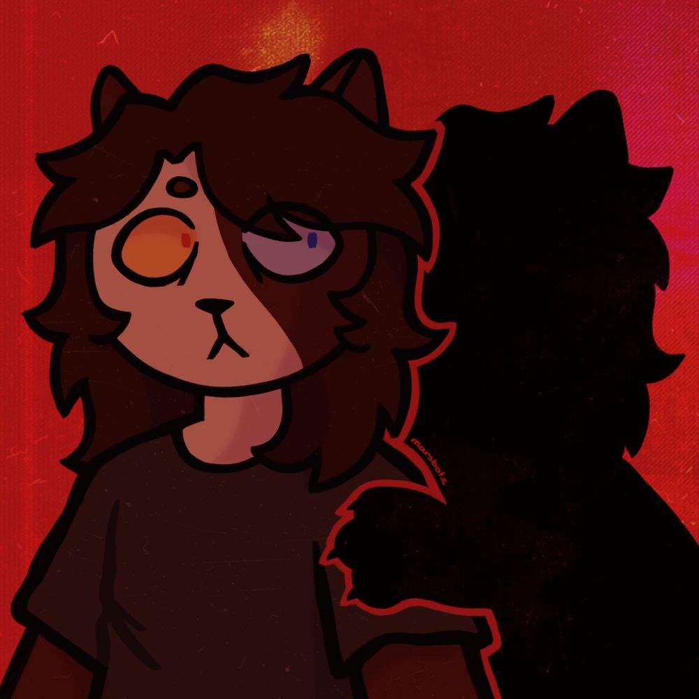 digital drawing of an anthropomorphic cat shown standing from the bust up, looking sideways with wide eyes at its shadow. the paw of the shadow creeps onto the cat’s shoulder