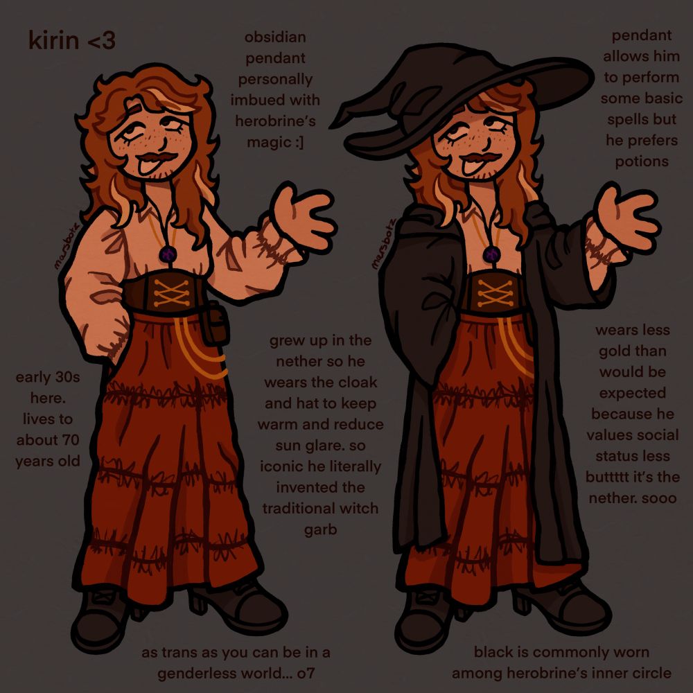 digital drawing of a person with long brown and blonde hair wearing a white shirt and long red skirt. he is also drawn wearing a black witches hat and cloak. 