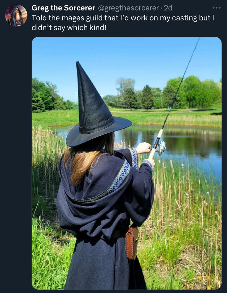 [imagining the text is part of the actual post. the inly important thing is the context provided bu the image so smth like] 

photo of a person wearing a wizard outfit casting a fishing rod into a lake. 

[imo details such as the position of the person and staging/scenery arent important to the context so i dont include them. w the included info the point of the photo is conveyed without needing a massive paragraph of context]