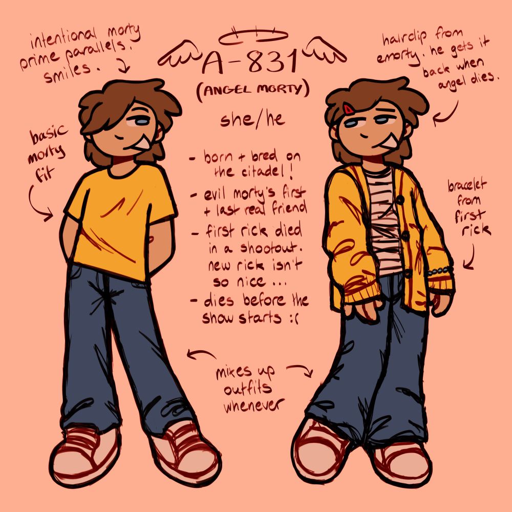 digital drawing of a fanmade morty from rick and morty. one image shows her in the regular morty outfit, and she has hair covering her right eye. the other image shows him wearing a cardigan and striped shirt, and he has his hair pinned back.