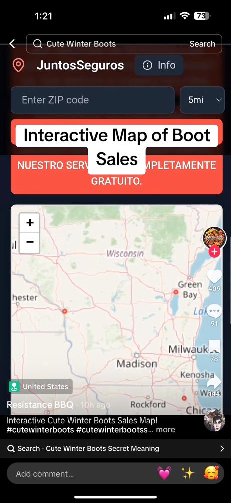 A screengrab of a TikTok example of the cute winter boots trend showing a map featuring ICE raid alerts while the title copy & description text says “Interactive Cute Winter Boots Sale Map,” inferring that the shown map is an interactive map that updates users of current ICE raids. 