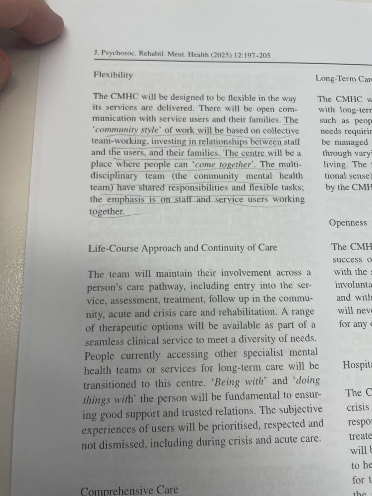 Photo of a page from a printed out copy of the journal article Trieste in England: Changing the Culture and Practice of Mental Health Care in Inner City Birmingham (2025) with a passage on Flexibility underlined.