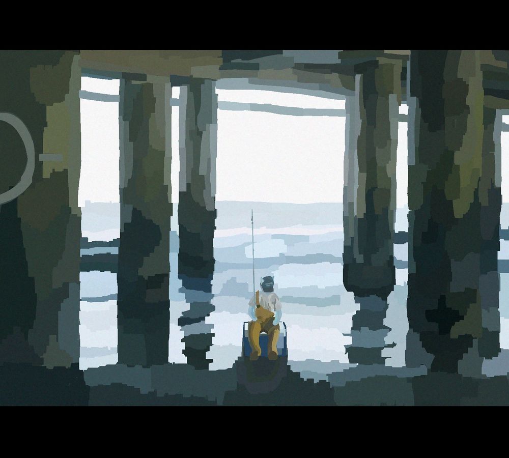 drawing of a blue cat sitting on a cooler by the water, under a pier