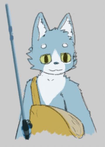 blue and white anthro tuxedo cat, with yellow overalls and a fishing rod