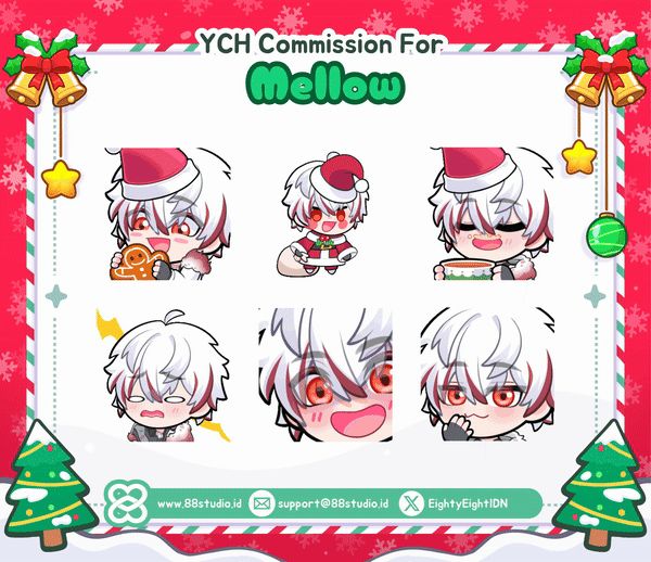 Animated christmas emotes for MellowVT's channel on Twitch!
Features Mellow with a santa hat, eatingg gingerbread cookies, sipping hot chocolate, and spinning. 

As well as normal emotes featuring mellow angry, raising eyebrows, and shocked with a lightning bolt coming down. 