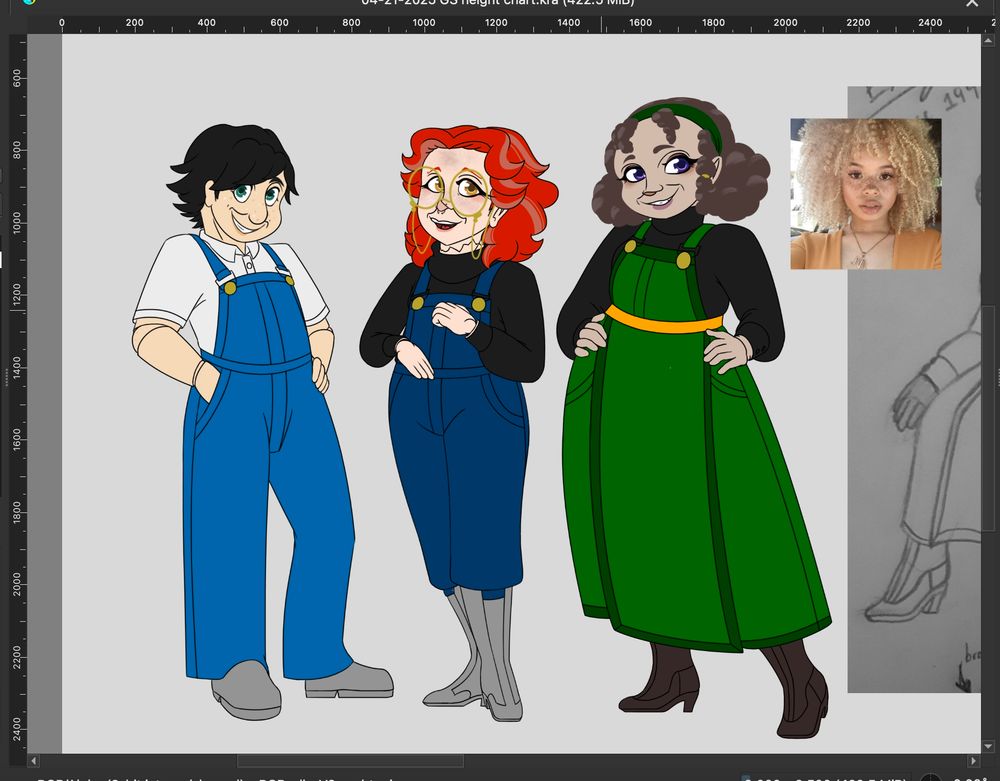 Work in progress screenshot of a character lineup. The character lineup consists of Thomas and Friends' railway rolling stock characters as their human sentiences from my alternative universe, Ghost Sentience. So far, the work in progress shows 3 characters. To the left, and the first of the lineup, is Thomas, in a white polo shirt, blue overalls with brass buttons, and grey worker shoes. He has light peach skin, sparse freckles, turqouise eyes, and black hair. Edward, the second and in the middle, is in a black turtleneck, navy overalls with brass buttons, and grey heeled-boots. He has very light peach skin, clustered freckles, bronze eyes, and ginger hair with grey hairs. He is also wearing brass-framed glasses and two nose piercings. To the right and the last of the three is Emily, who is wearing a black long-sleeved blouse, green dungaree dress, and brown heeled boots. She has pale brown skin, brown curly hair, and indigo eyes. She is wearing magenta eyeshadow and lipstick.