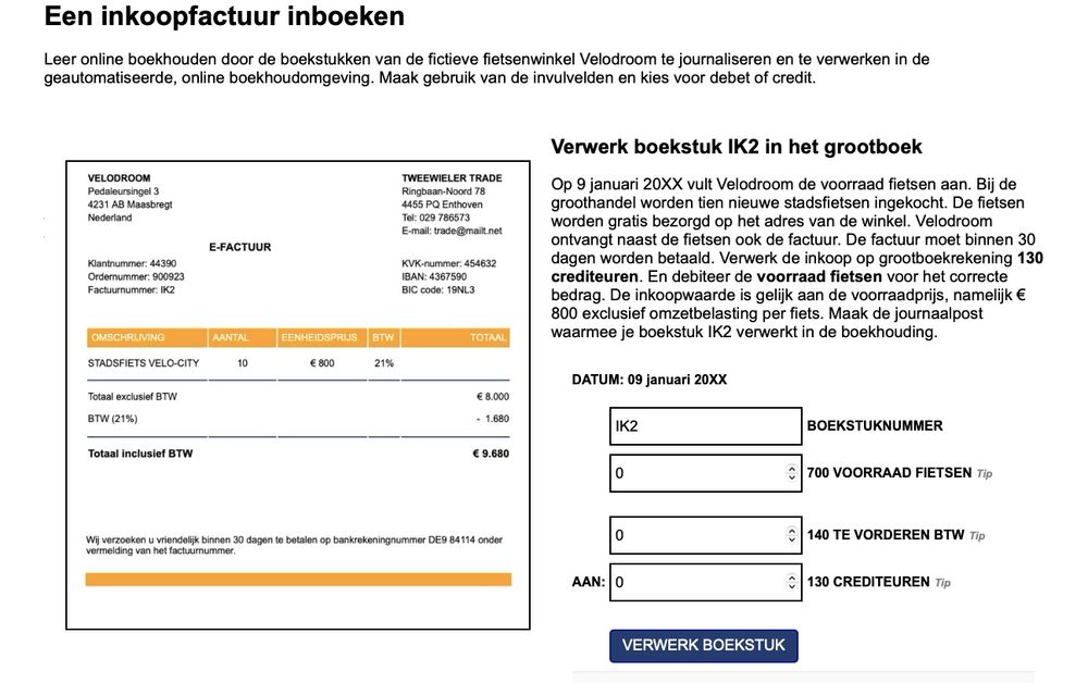 Afbeelding van de webpagina van online leren boekhouden. Onderdeel inboeken van een inkoopfactuur.